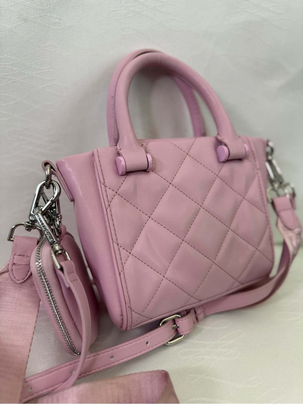 Steve Madden Pink Quilted Mini Tote Crossbody Bag w Pouch - Picture 4 of 9